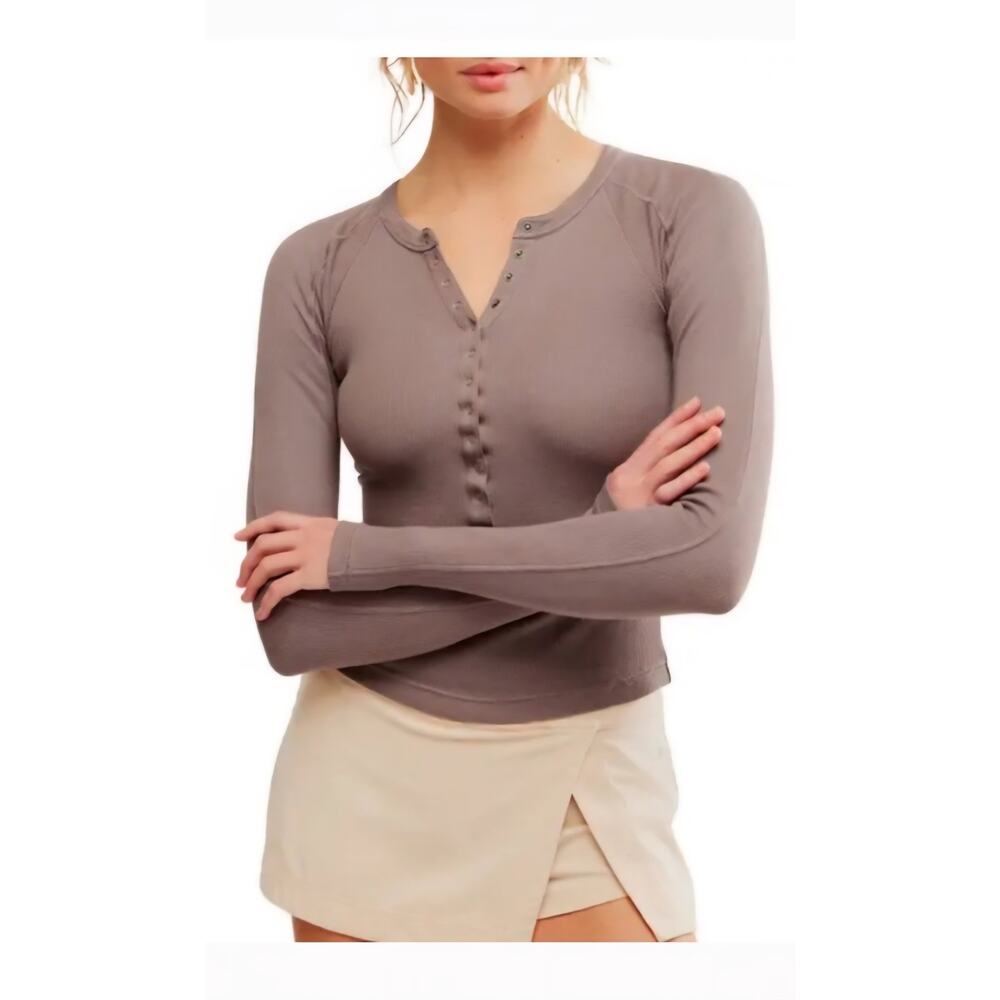 Free People Movement Kick Off Ribbed Henley Layer Top Sz M Driftwood Brown Warm